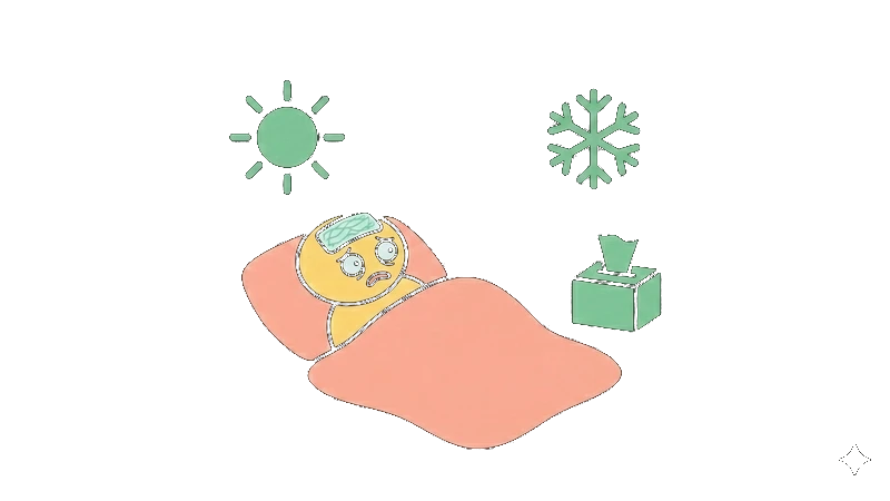 布団で寝込む子どもと季節を表す太陽と雪の結晶のイラスト