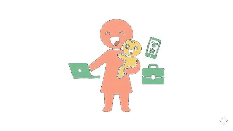 子どもを抱えながらPCとスマホを持つ母親のイラスト