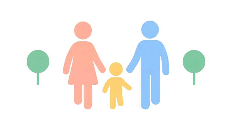 家族3人が手を繋いで外を散歩しているイラスト