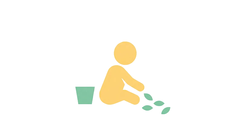 子どもが座って葉っぱや土に触れて遊んでいるイラスト